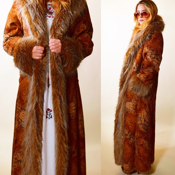 90s Does 70s VTG Penny Lane Trench Coat Afghan Paisley Print Faux Fur Trim 18 - Picture 3 of 16